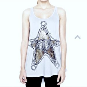 Lauren Moshi Sheriff Badge Loose Tank in White & Gold Foil Size Small